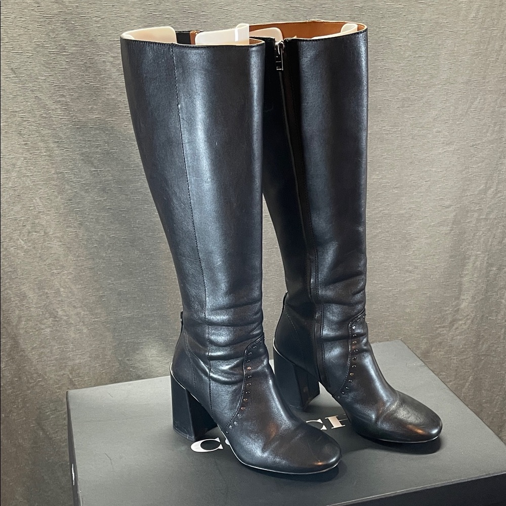 Coach Falon Sleek Black Leather Heeled‎ Boots